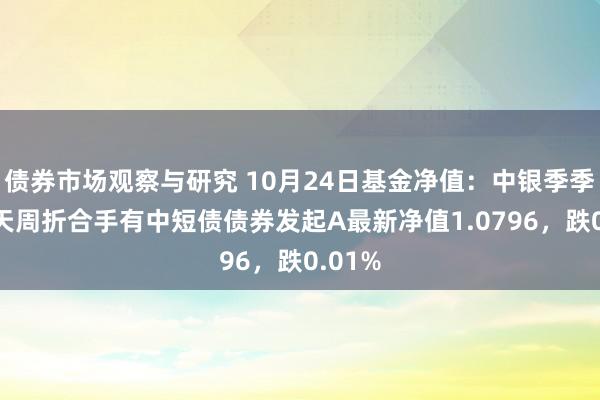   债券市场观察与研究 10月24日基金净值：中银季季享90天周折合手有中短债债券发起A最新净值1.0796，跌0.01%