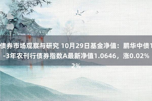   债券市场观察与研究 10月29日基金净值：鹏华中债1-3年农刊行债券指数A最新净值1.0646，涨0.02%