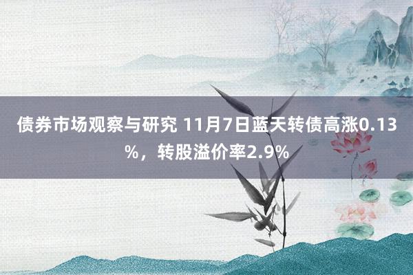   债券市场观察与研究 11月7日蓝天转债高涨0.13%，转股溢价率2.9%