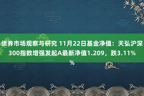 债券市场观察与研究 11月22日基金净值：天弘沪深300指数增强发起A最新净值1.209，跌3.11%